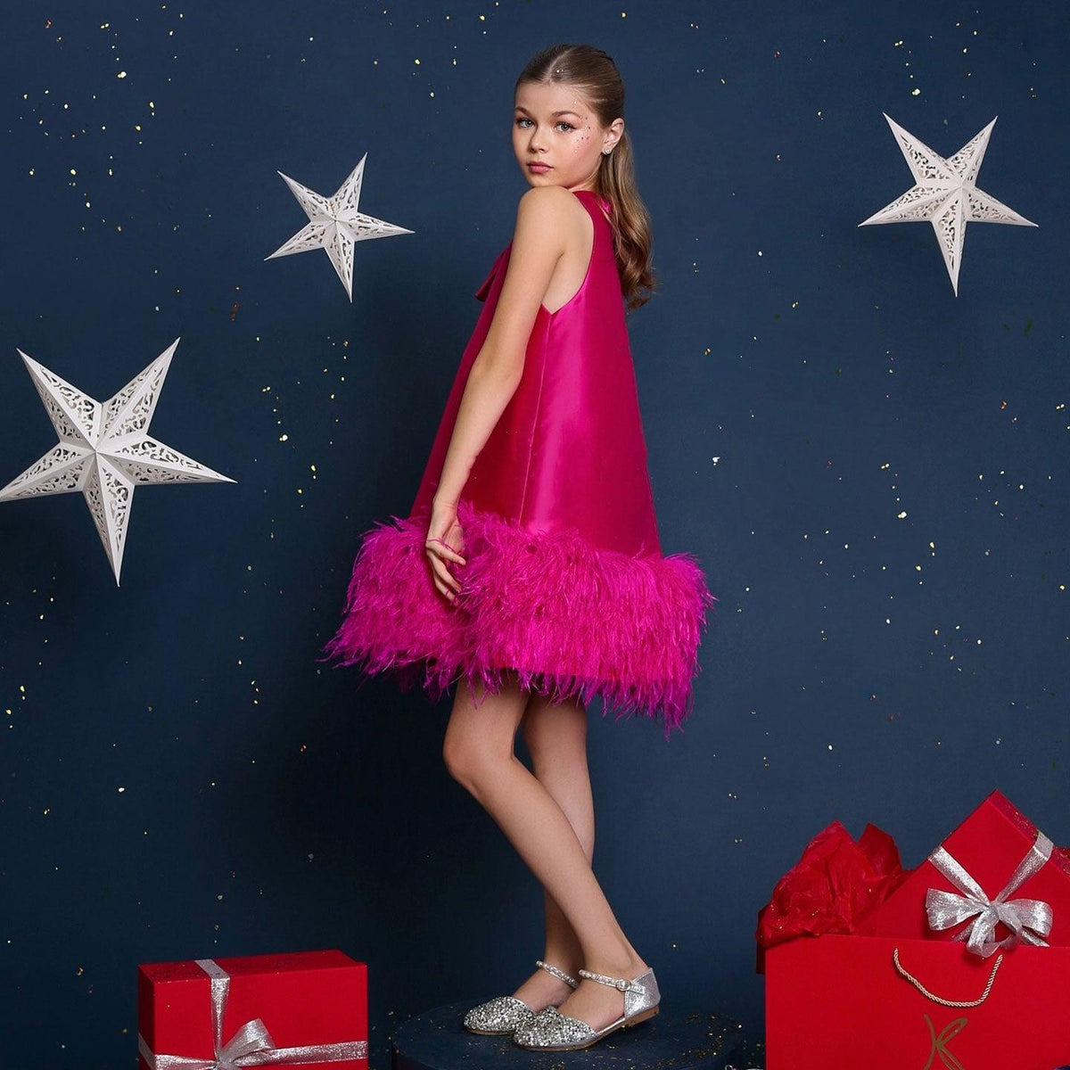 Jill Wish Luxury Mini Arabic Pink Flower Girl Dress Ostrich Feathers Bow J117