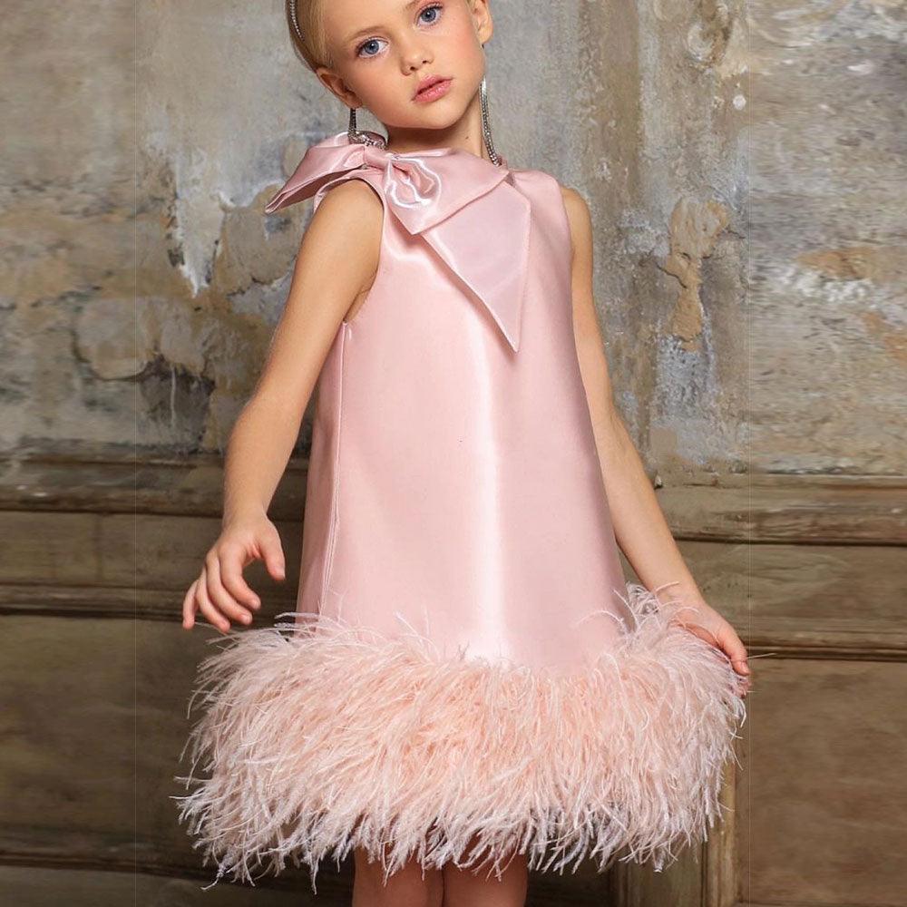 Jill Wish Luxury Mini Arabic Pink Flower Girl Dress Ostrich Feathers Bow J117