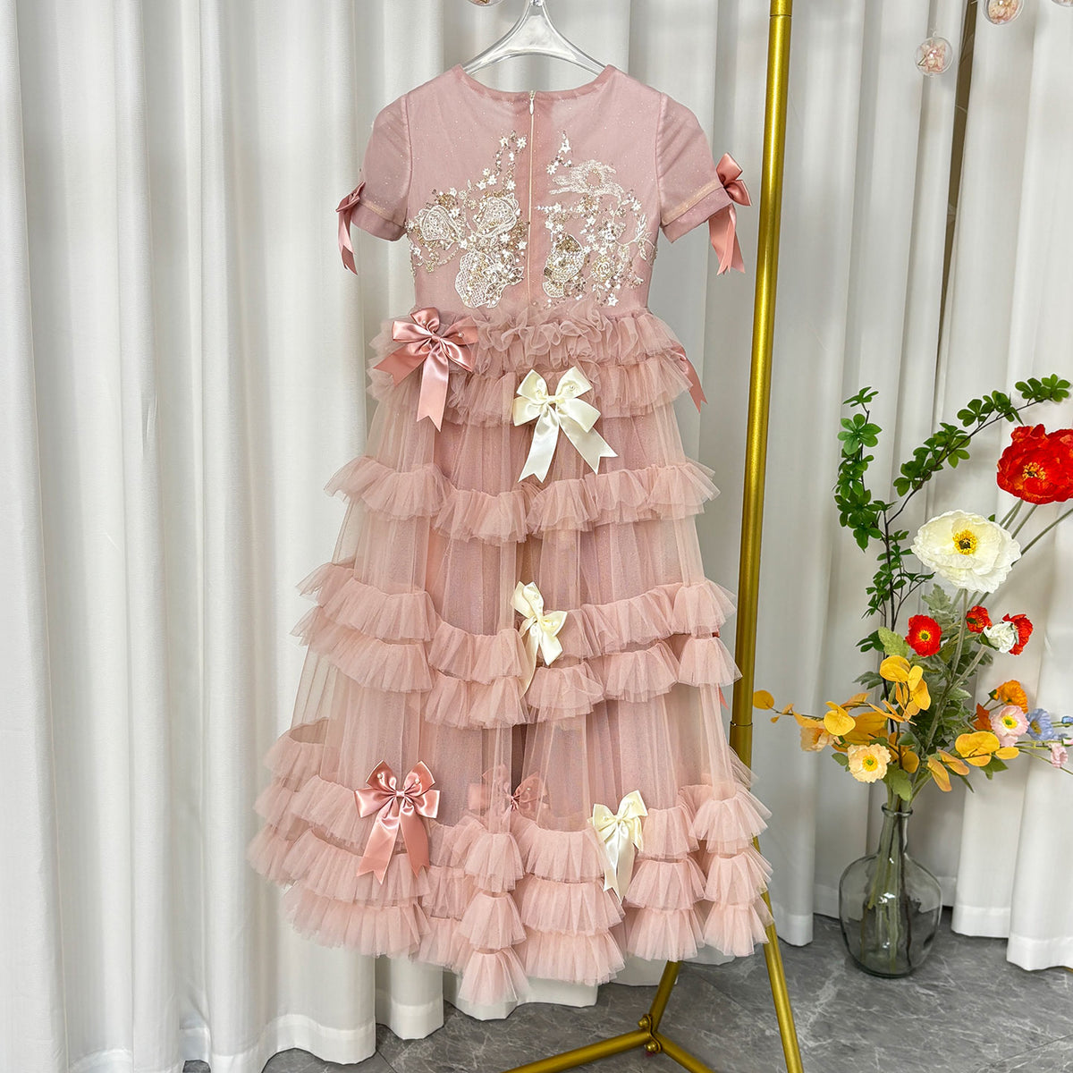 Jill Wish Luxury Pink A-Line Beading Girl Dress Princess Birthday Gown J084