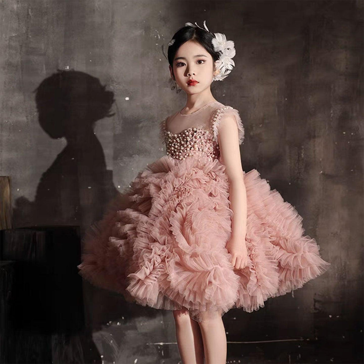 Jill Wish Luxury Pink Baby Flower Girl Dresses Arabic Pearls Princess Kids J042