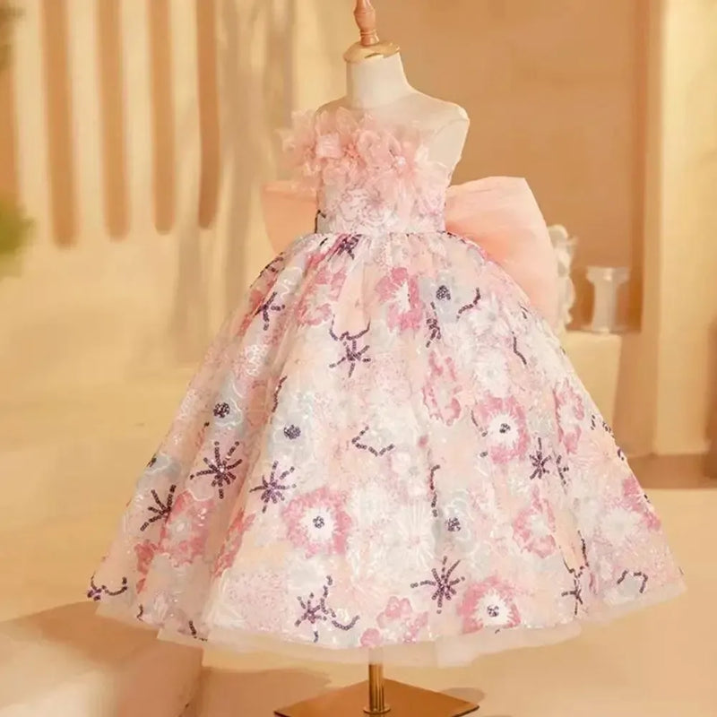 Jill Wish Luxury Pink Flower Girl Dress Beads Arabic Princess Bow Kids J247