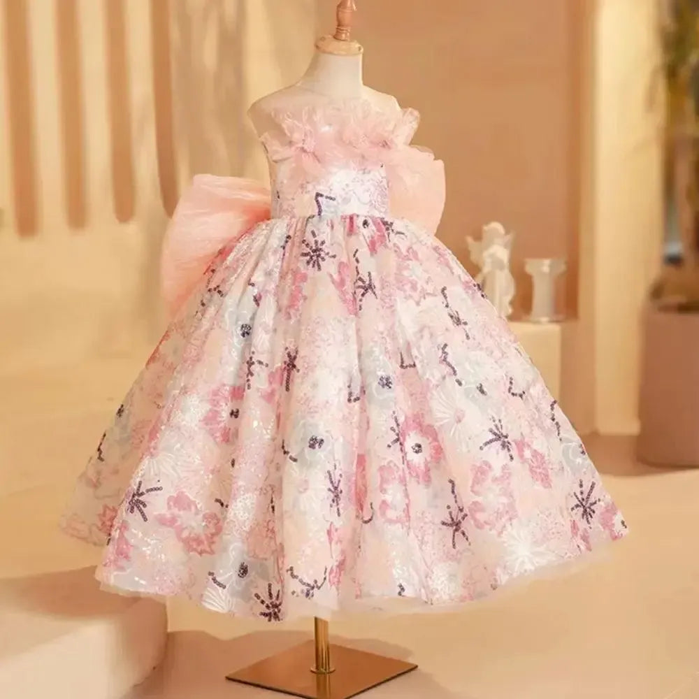 Jill Wish Luxury Pink Flower Girl Dress Beads Arabic Princess Bow Kids J247