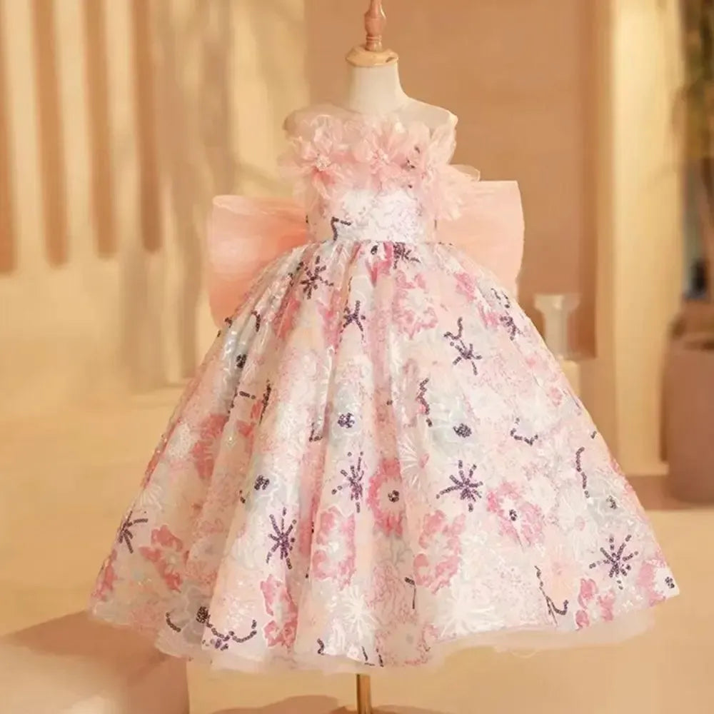 Jill Wish Luxury Pink Flower Girl Dress Beads Arabic Princess Bow Kids J247