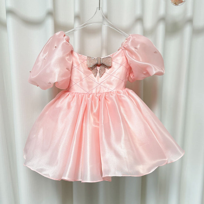 Jill Wish Luxury Pink Girl Dress Beaded Puffy Sleeve Bow Dubai Princess J374