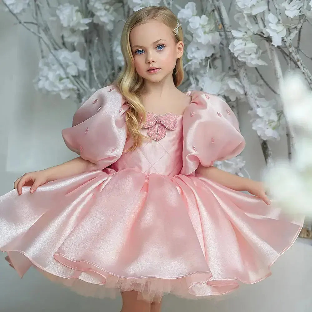 Jill Wish Luxury Pink Girl Dress Beaded Puffy Sleeve Bow Dubai Princess J374