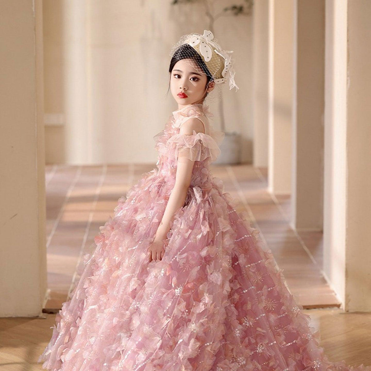 Jill Wish Luxury Pink Girl Dress with Flowers Kids Princess Birthday J094