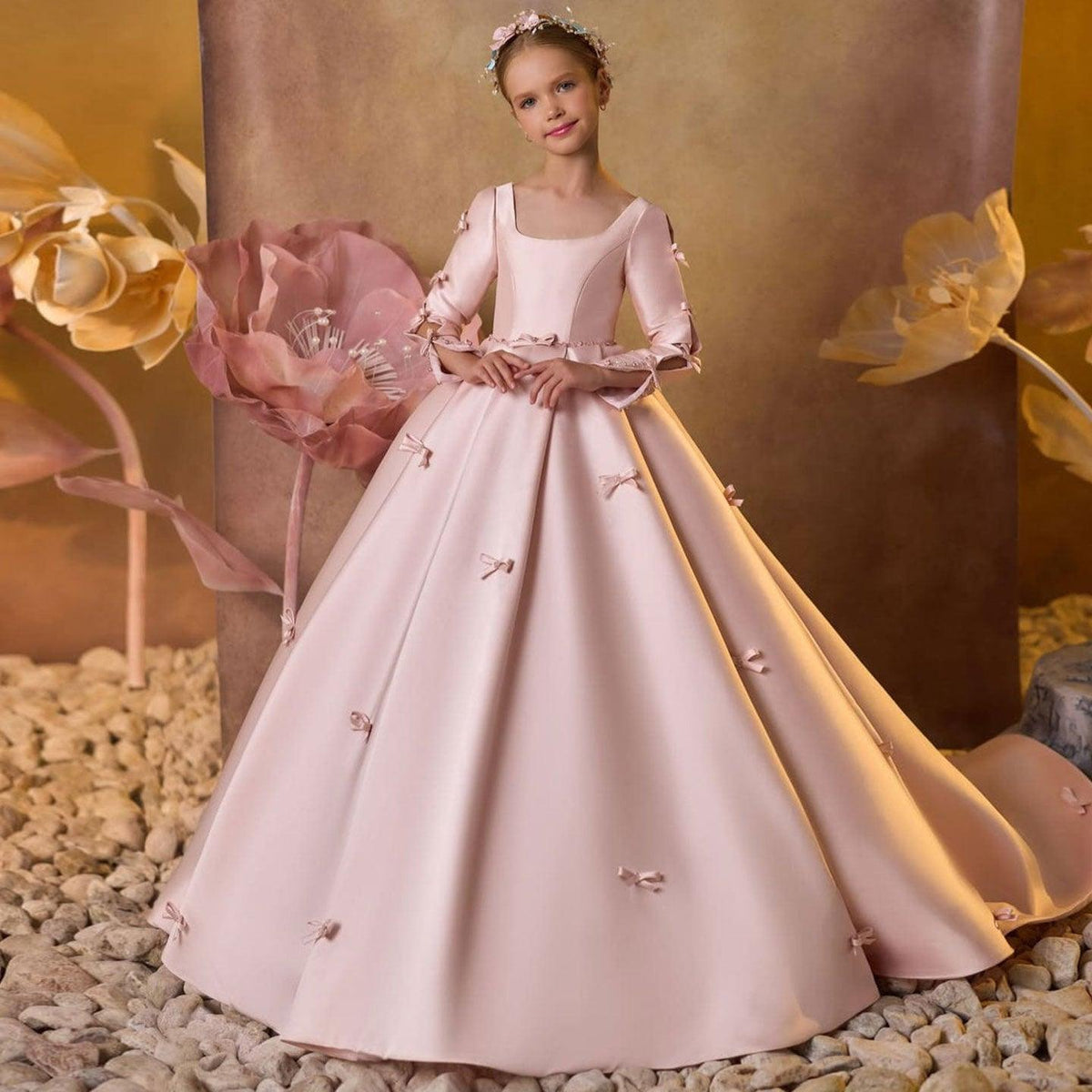 Jill Wish Luxury Pink Satin Girl Dresses Square Collar Long Sleeve J137