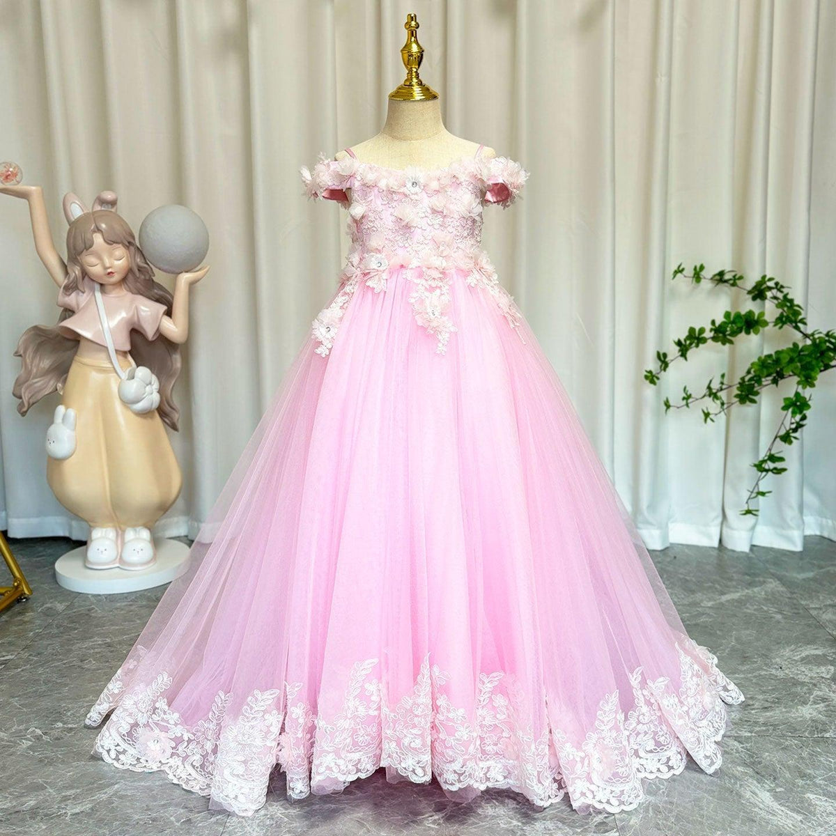 Jill Wish Luxury Pink Tulle Lace Girl Dress Sweep Train Ball Gown J178