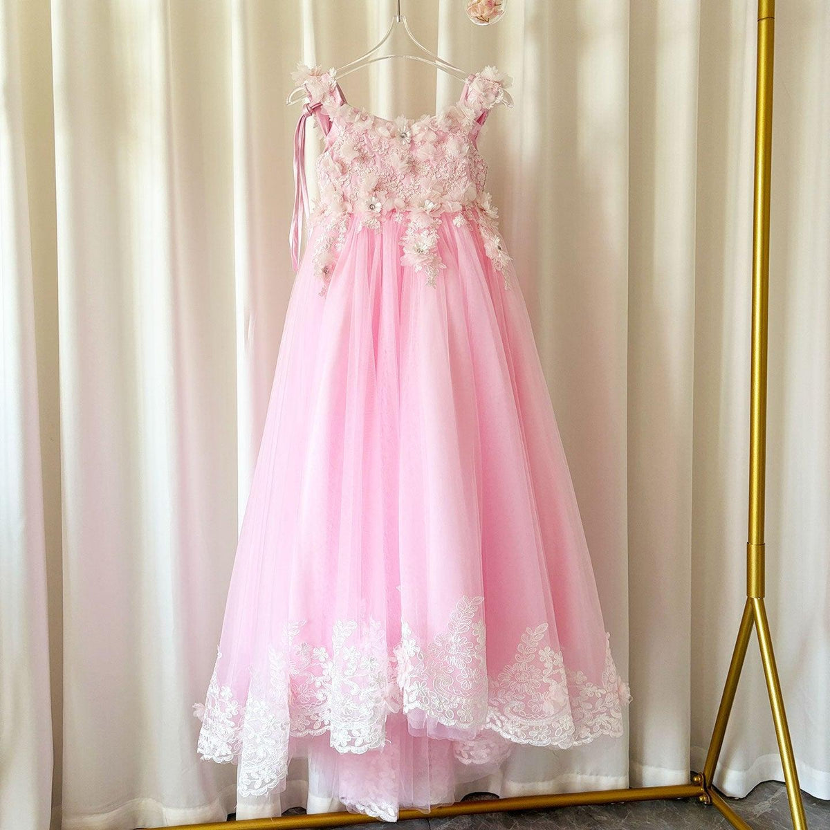 Jill Wish Luxury Pink Tulle Lace Girl Dress Sweep Train Ball Gown J178