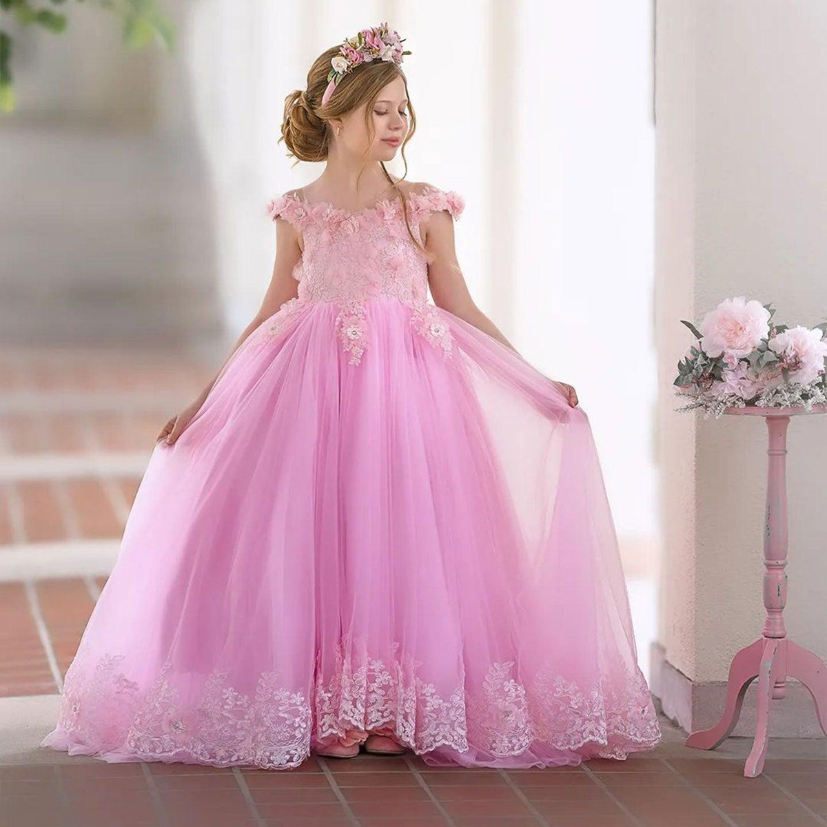 Jill Wish Luxury Pink Tulle Lace Girl Dress Sweep Train Ball Gown J178