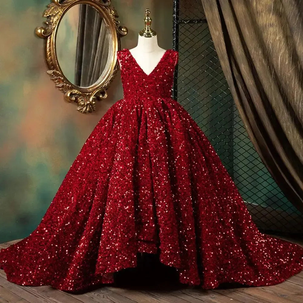 Jill Wish Luxury Shiny Dubai V-Neck Burgundy Girl Dresses Arabic J087