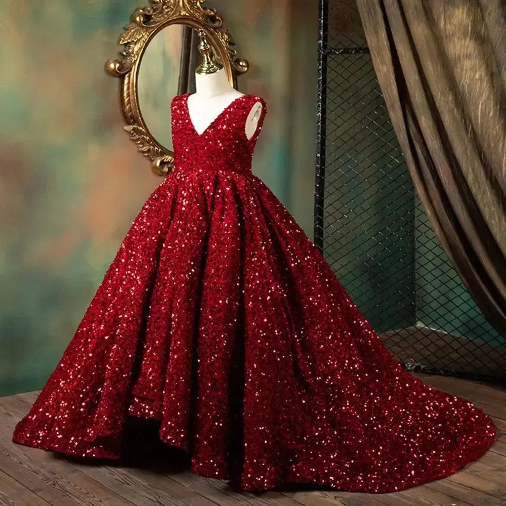 Jill Wish Luxury Shiny Dubai V-Neck Burgundy Girl Dresses Arabic J087