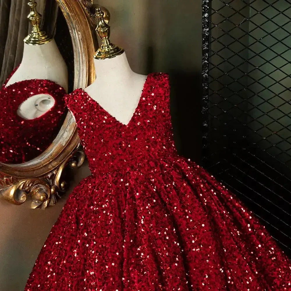 Jill Wish Luxury Shiny Dubai V-Neck Burgundy Girl Dresses Arabic J087