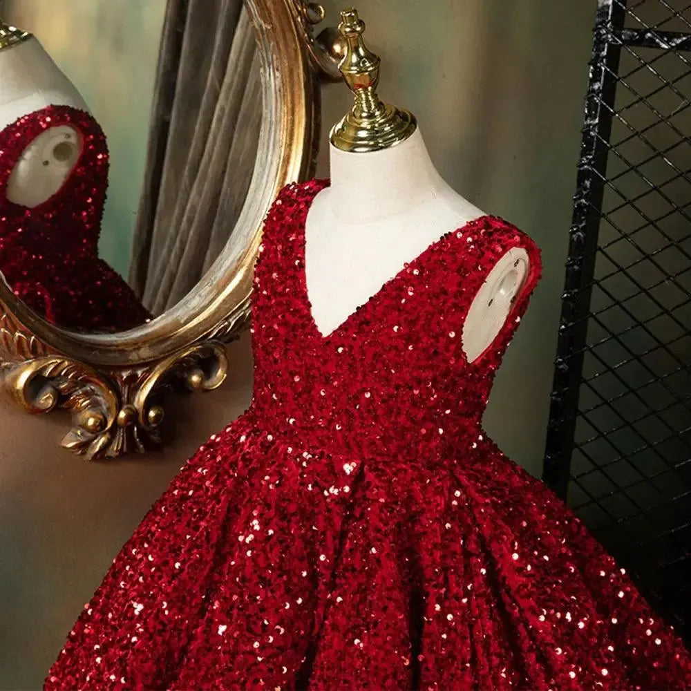 Jill Wish Luxury Shiny Dubai V-Neck Burgundy Girl Dresses Arabic J087