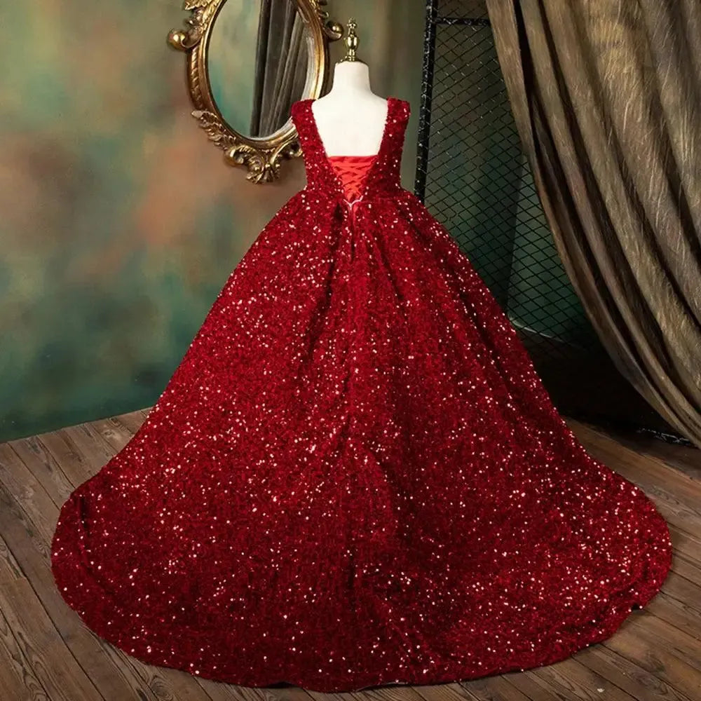 Jill Wish Luxury Shiny Dubai V-Neck Burgundy Girl Dresses Arabic J087