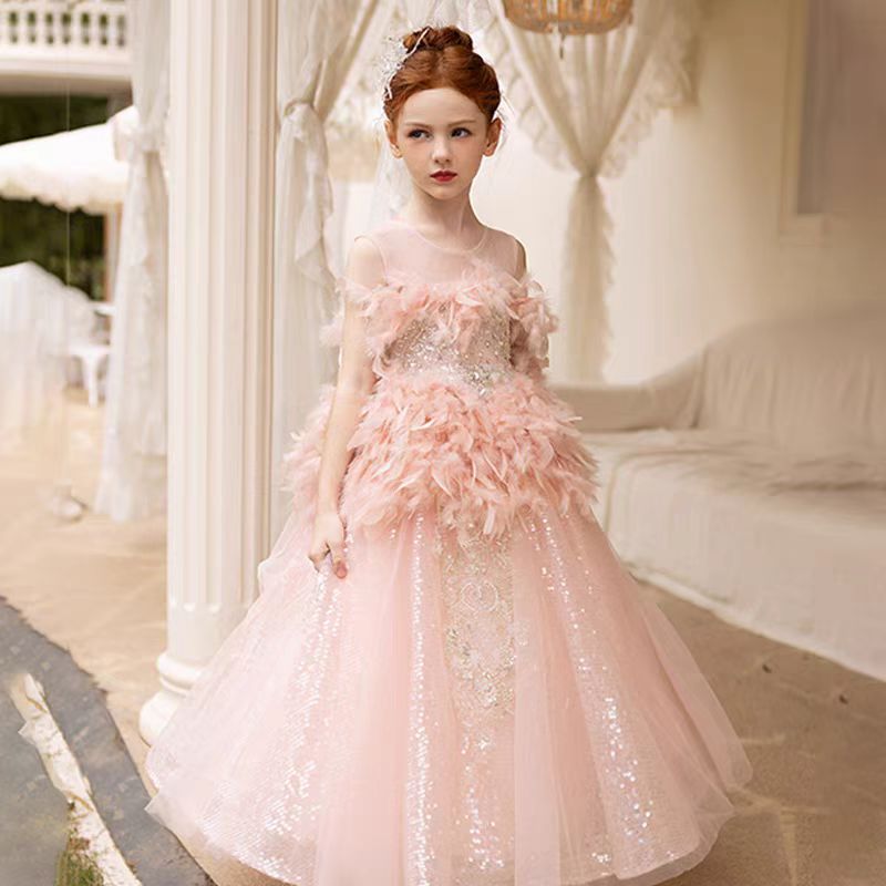 where should a long formal dress fall Luxury Shiny Pink Flower Girl Dresses Feather Beading Sequined Gowns J –  Jill Wish