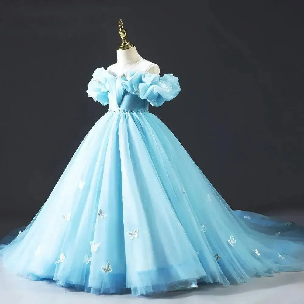 Jill Wish Luxury Sky Blue Girl Dresses Off The Shoulder with Bowknot J034