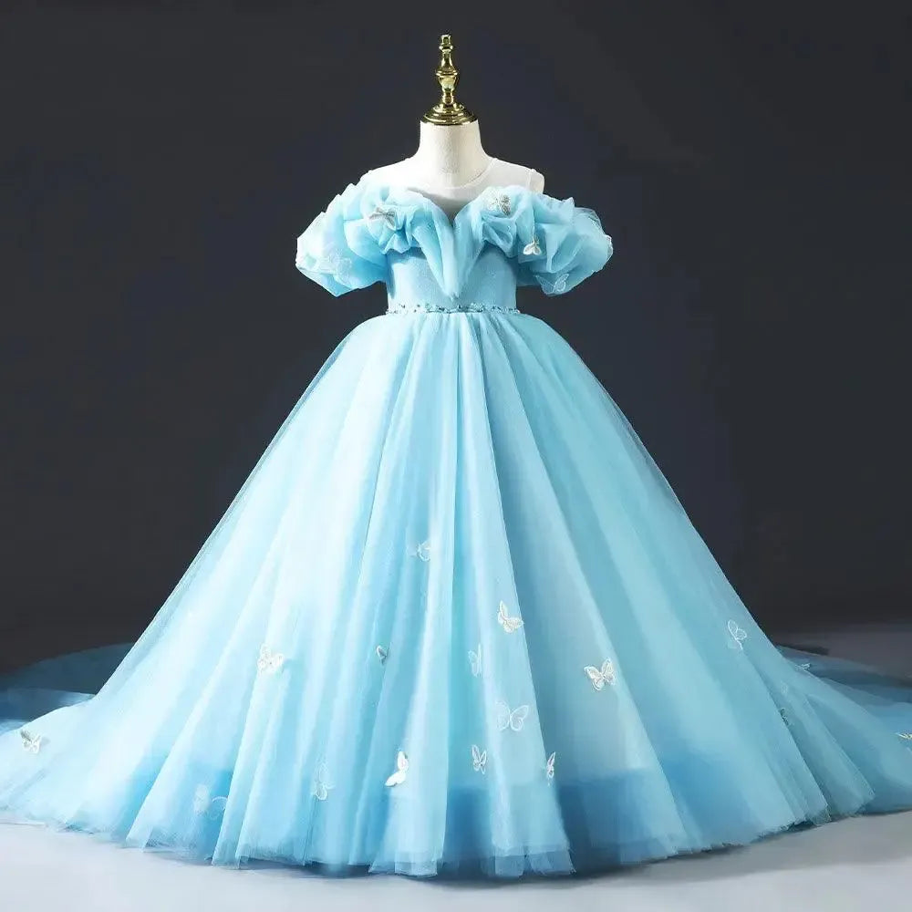 Jill Wish Luxury Sky Blue Girl Dresses Off The Shoulder with Bowknot J034