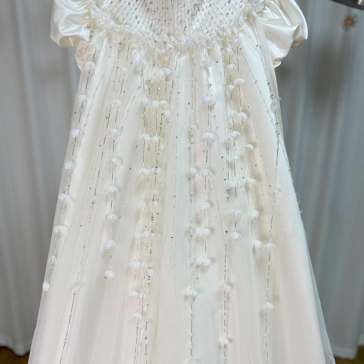 Jill Wish Luxury White Dubai Girl Dress Beaded Pearls Satin Arabic Princess J153