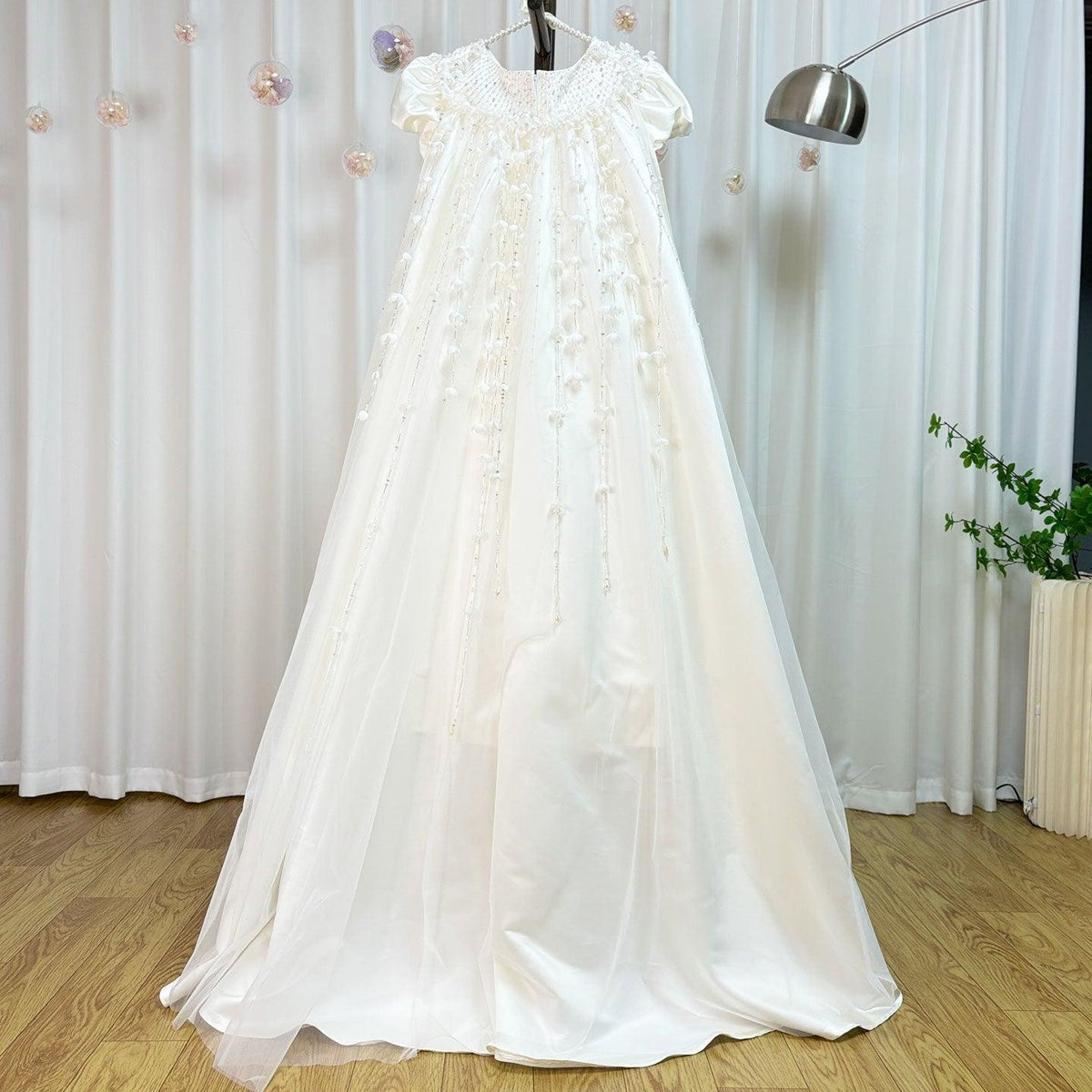 Jill Wish Luxury White Dubai Girl Dress Beaded Pearls Satin Arabic Princess J153