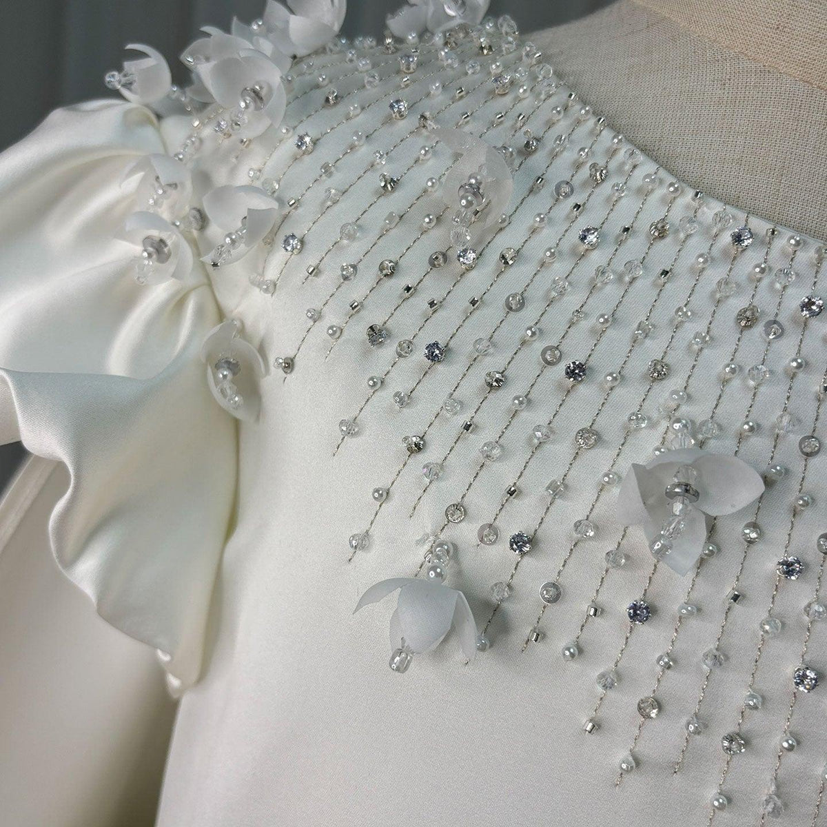Jill Wish Luxury White Dubai Girl Dress Beaded Pearls Satin Arabic Princess J153