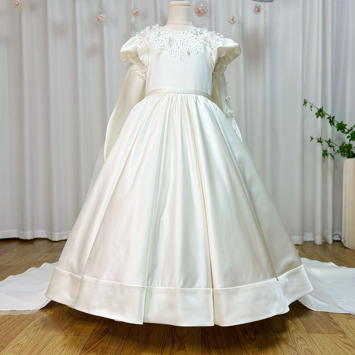 Jill Wish Luxury White Dubai Girl Dress Beaded Pearls Satin Arabic Princess J153