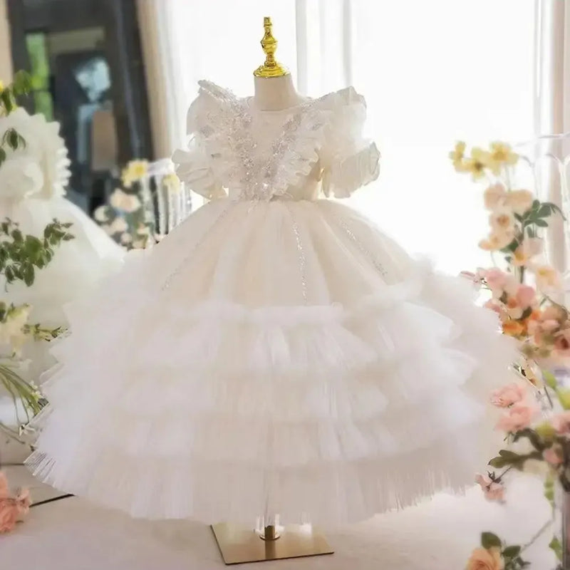 Jill Wish Luxury White Flower Girl Dress Sequined Arabic Princess Kids J245