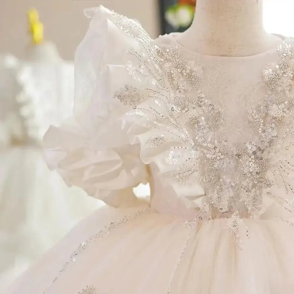 Jill Wish Luxury White Flower Girl Dress Sequined Arabic Princess Kids J245