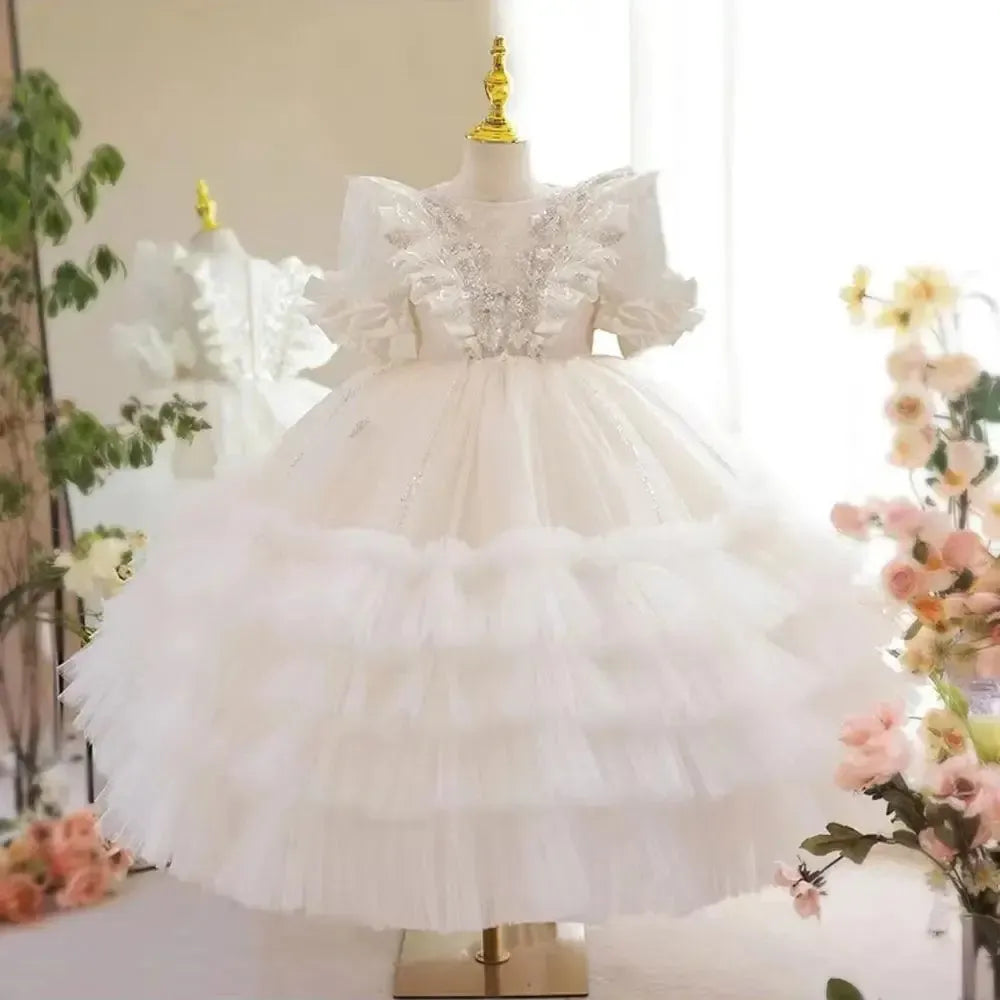 Jill Wish Luxury White Flower Girl Dress Sequined Arabic Princess Kids J245