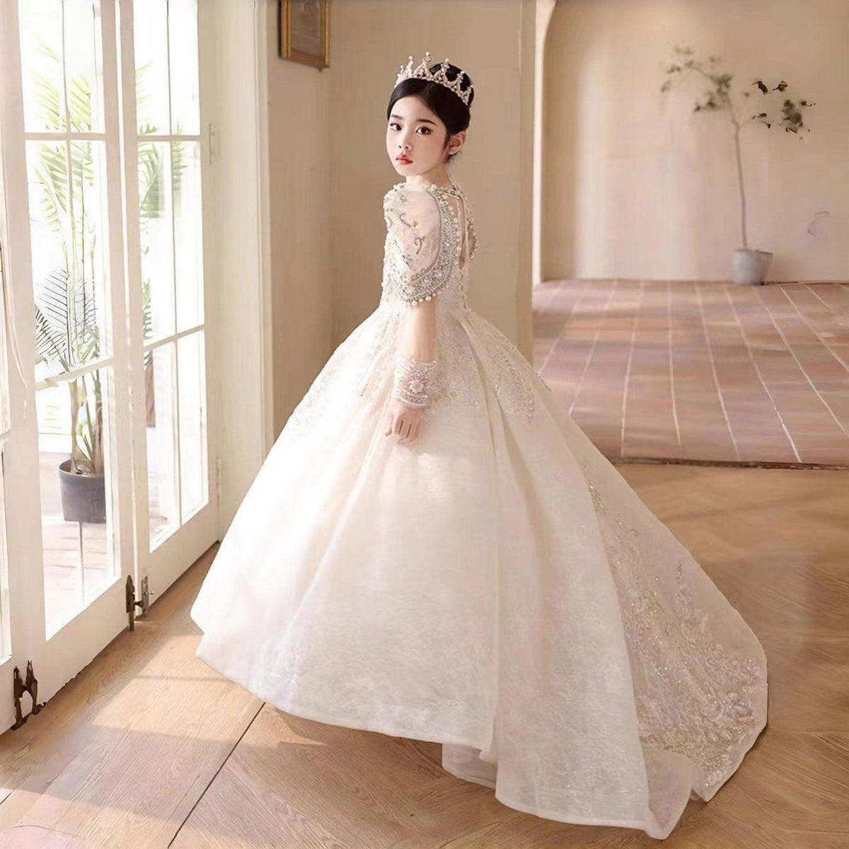 Jill Wish Luxury White Girl Dress Beaded Pearls Dubai Kids Princess J112