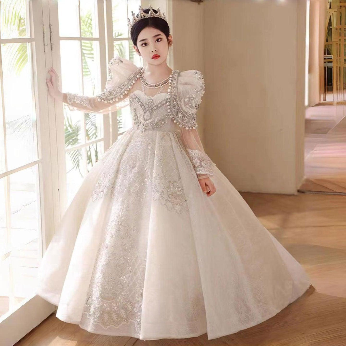 Jill Wish Luxury White Girl Dress Beaded Pearls Dubai Kids Princess J112