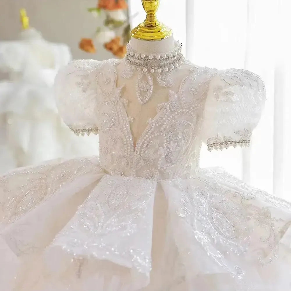 Jill Wish Luxury White Girl Dress Beaded Pearls Dubai Kids Princess J216