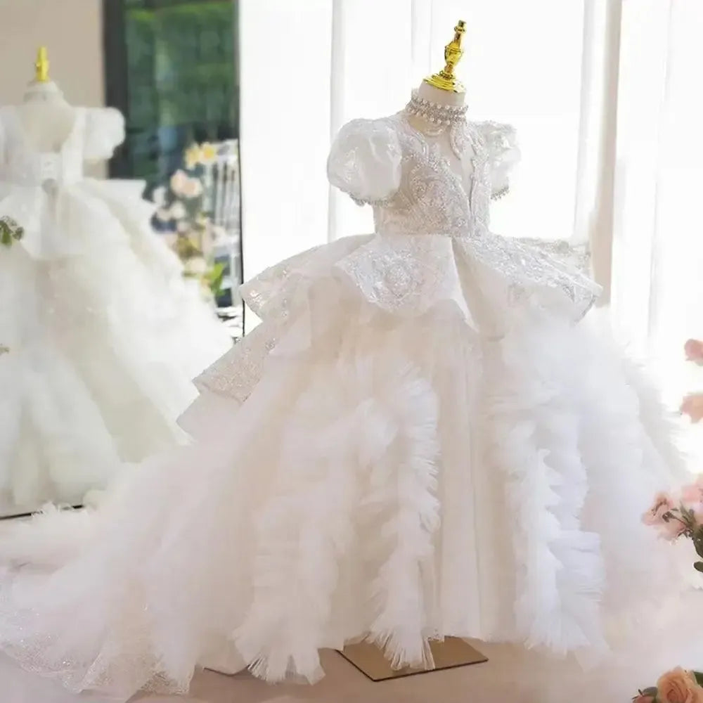Jill Wish Luxury White Girl Dress Beaded Pearls Dubai Kids Princess J216