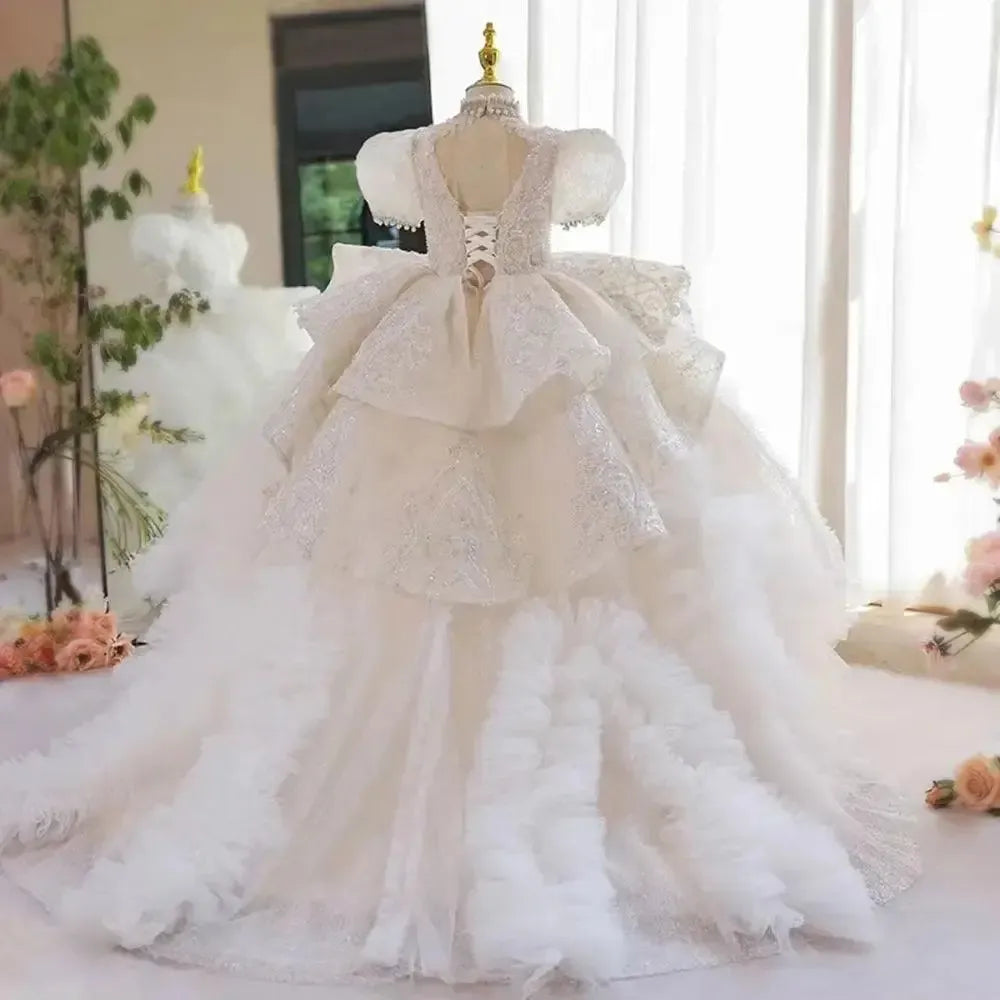 Jill Wish Luxury White Girl Dress Beaded Pearls Dubai Kids Princess J216