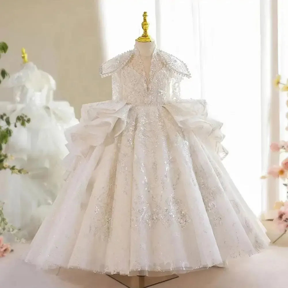 Jill Wish Luxury White Girl Dress Beaded Sequined Dubai Kids Princess J213