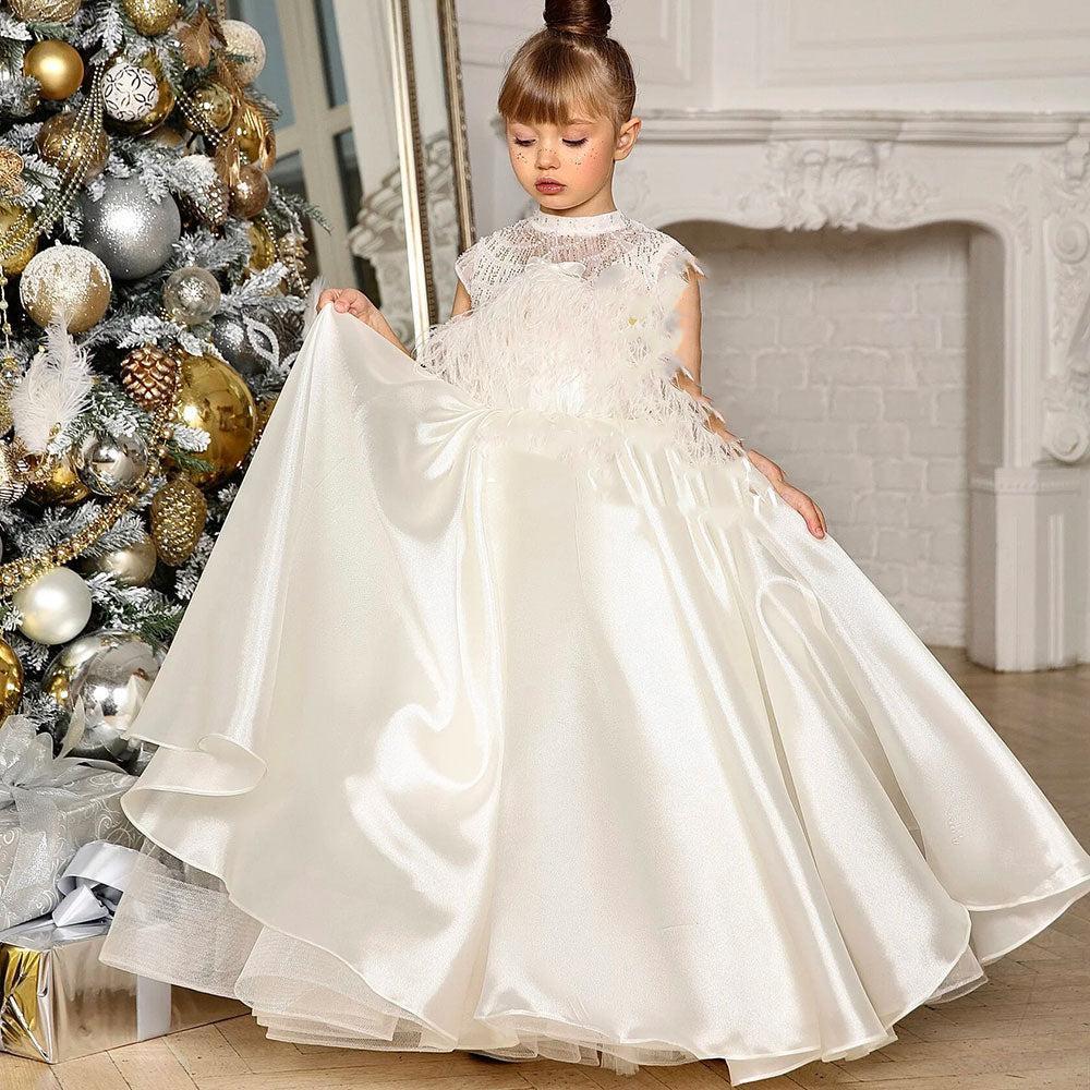 Jill Wish Luxury White Girl Dress Beads Feathers Kids for First Communion J398