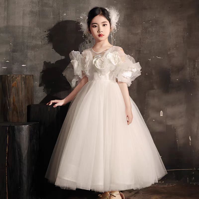 Jill Wish Luxury White Girl Dress Handmade Flowers Arabic Princess J005