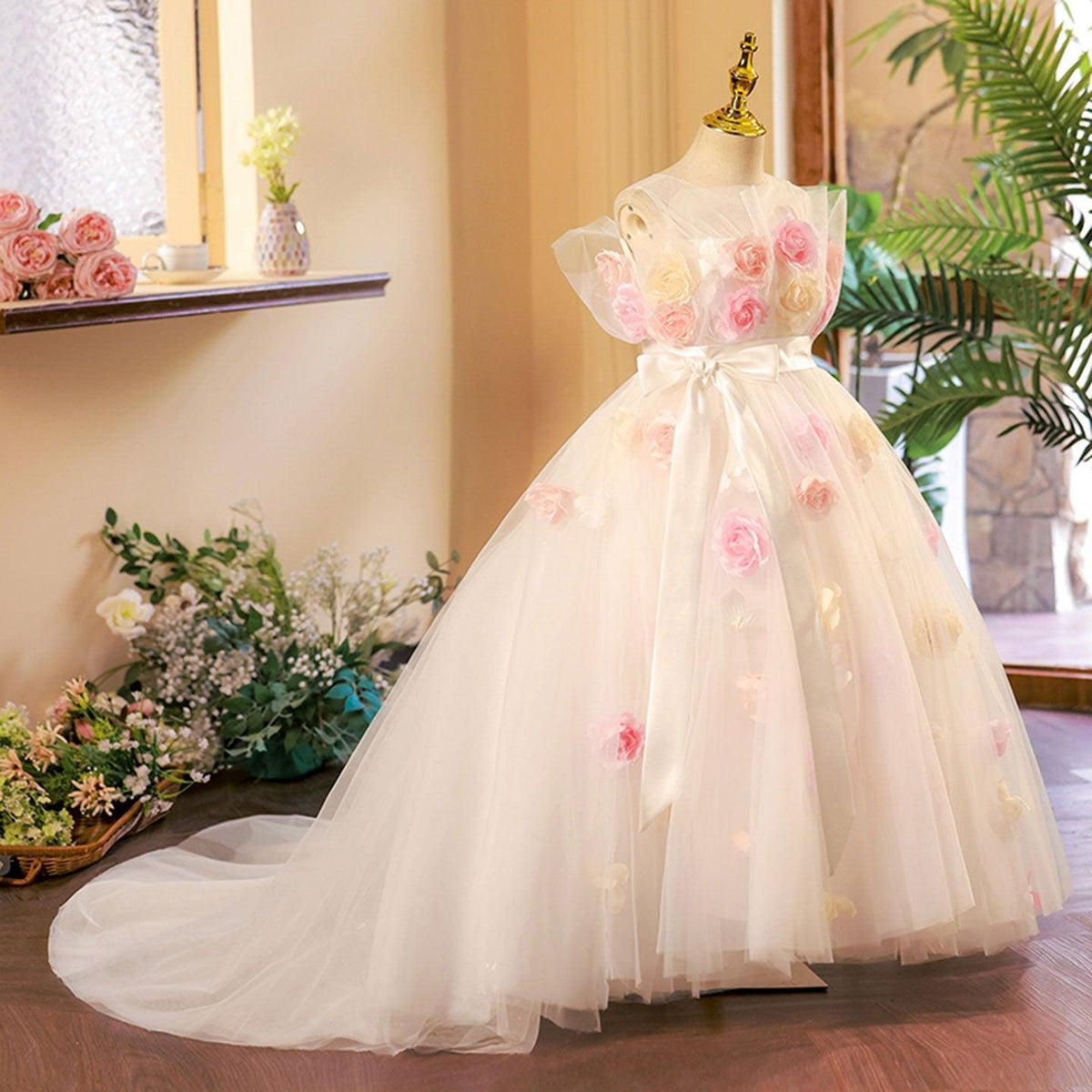 Jill Wish Luxury White Handmade Flowers Girl Dress for First Communion J277