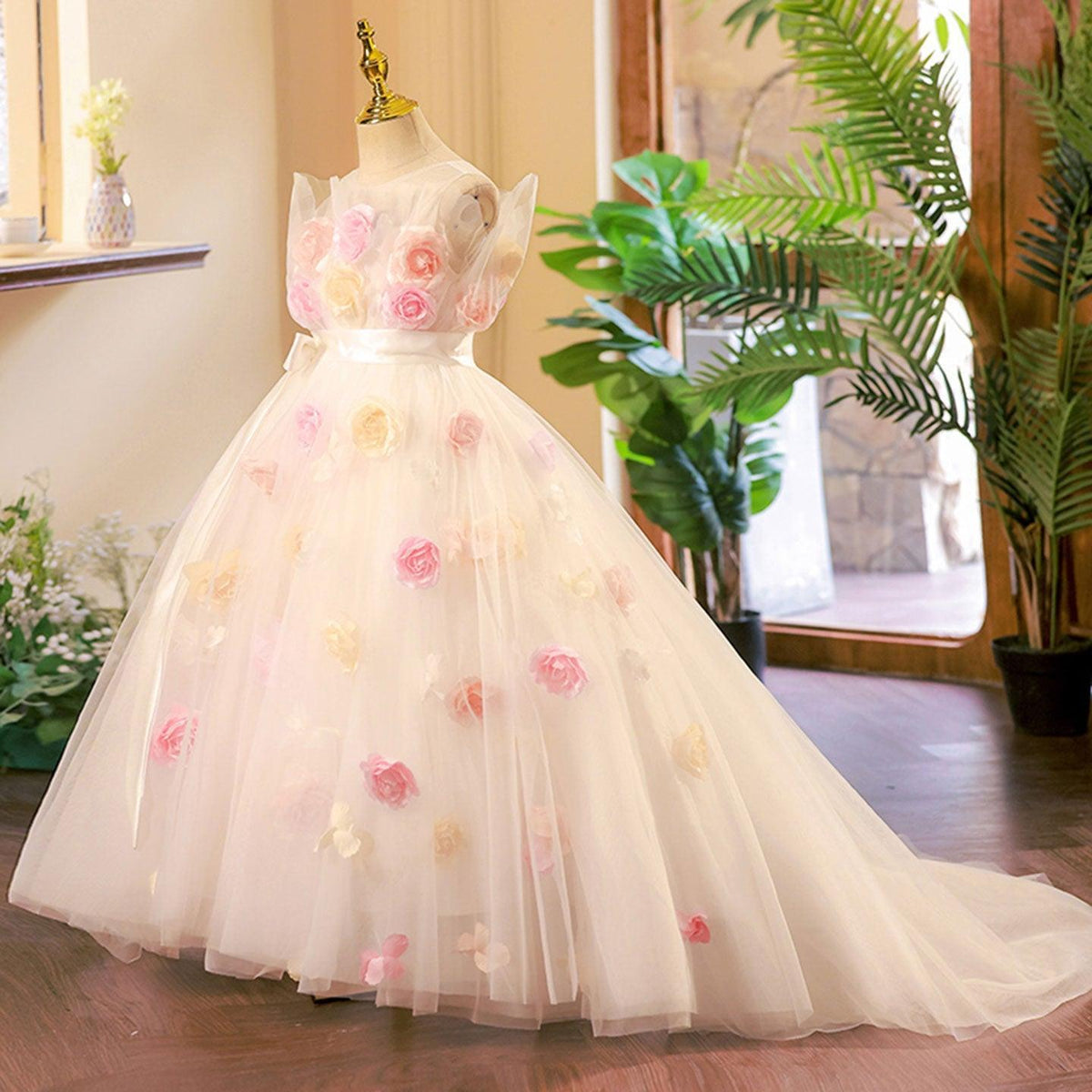 Jill Wish Luxury White Handmade Flowers Girl Dress for First Communion J277