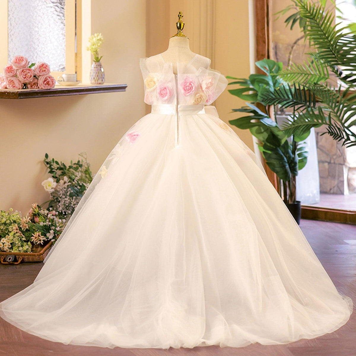 Jill Wish Luxury White Handmade Flowers Girl Dress for First Communion J277