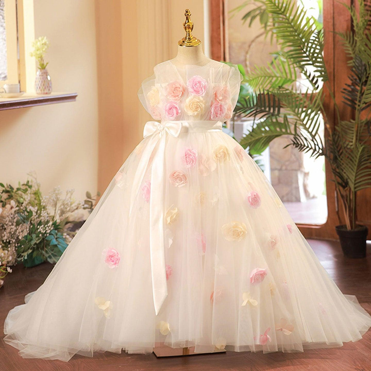 Jill Wish Luxury White Handmade Flowers Girl Dress for First Communion J277