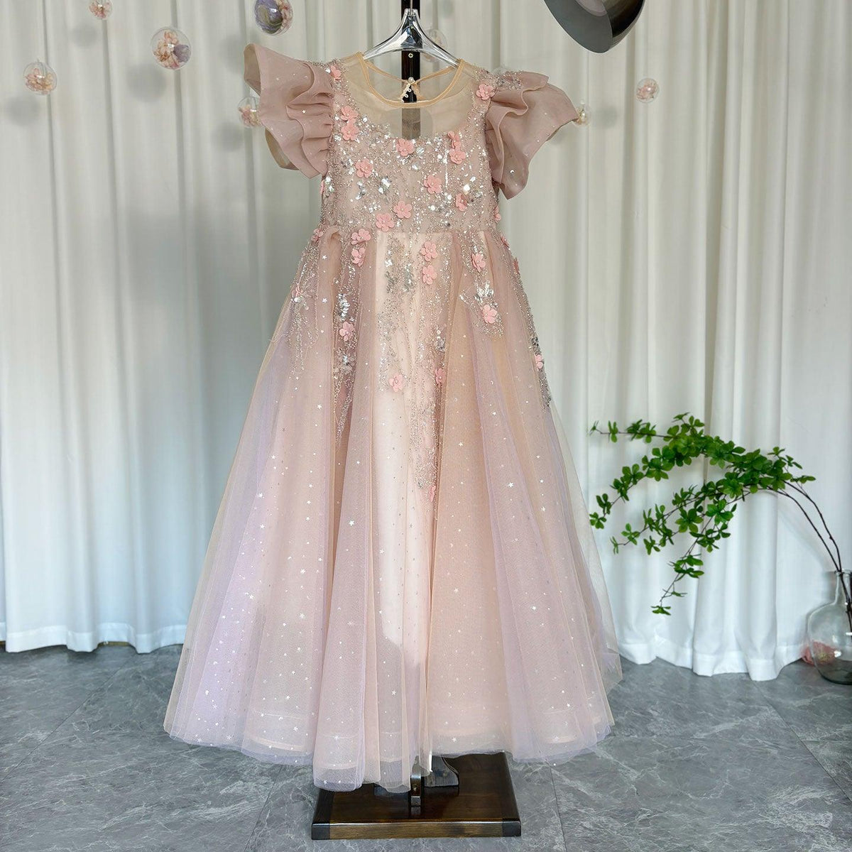 Jill Wish Pink Dubai Girl Dress 3D Flowers Arabic Princess Kids J384