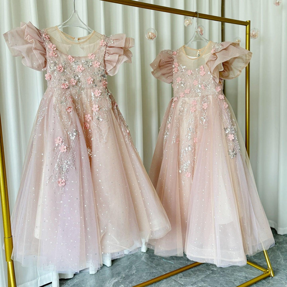 Jill Wish Pink Dubai Girl Dress 3D Flowers Arabic Princess Kids J384