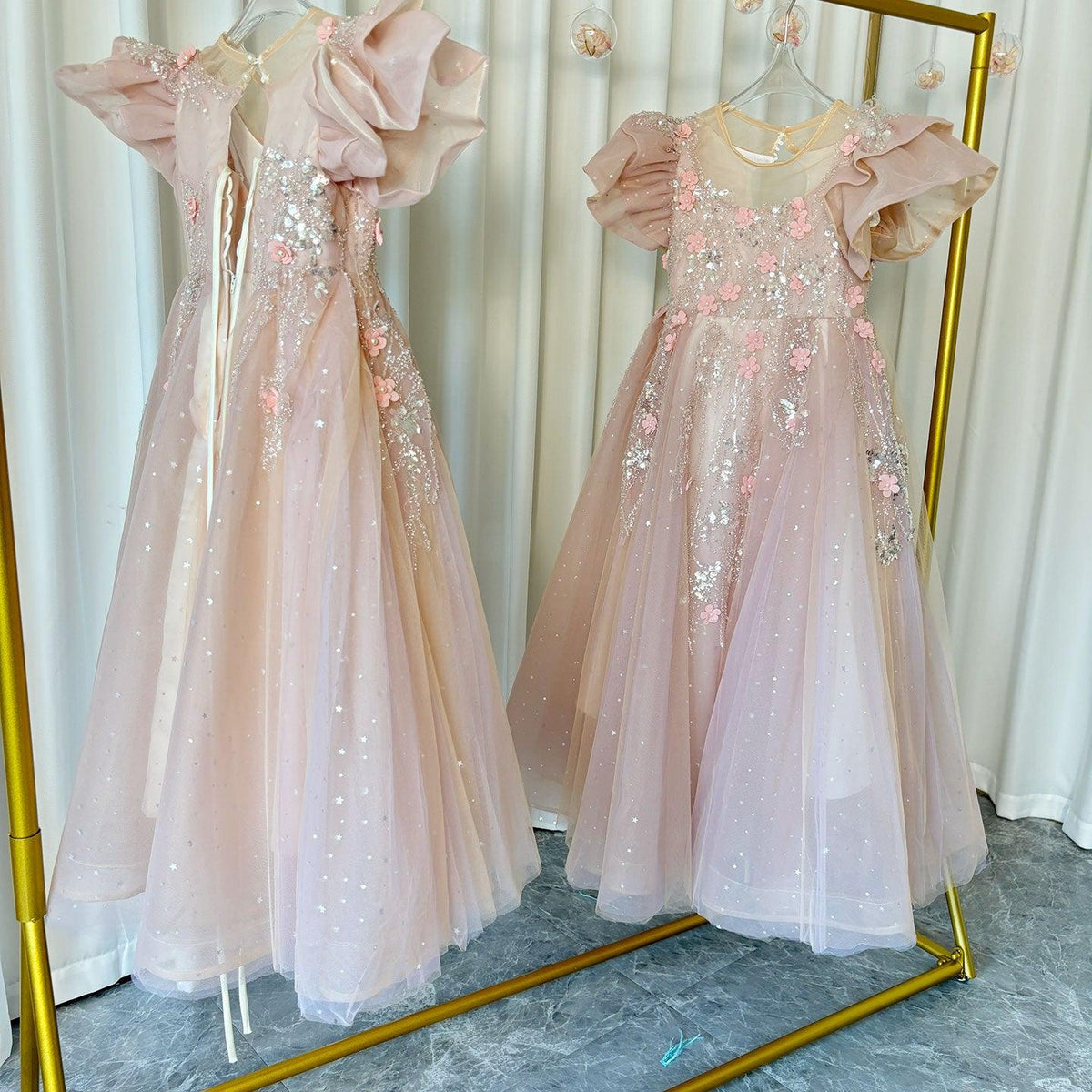 Jill Wish Pink Dubai Girl Dress 3D Flowers Arabic Princess Kids J384