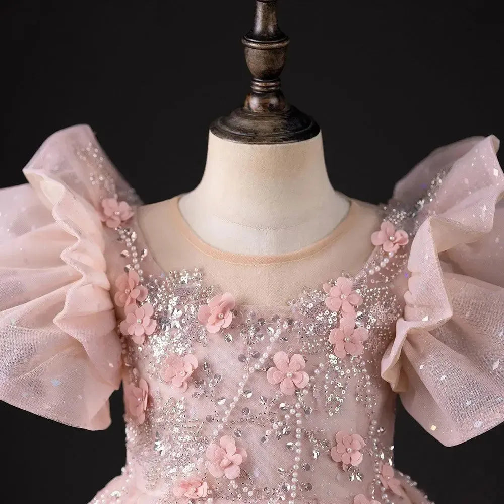 Jill Wish Pink Dubai Girl Dress 3D Flowers Arabic Princess Kids J384