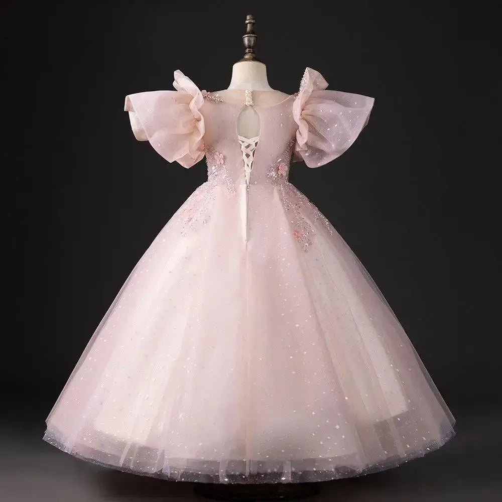 Jill Wish Pink Dubai Girl Dress 3D Flowers Arabic Princess Kids J384