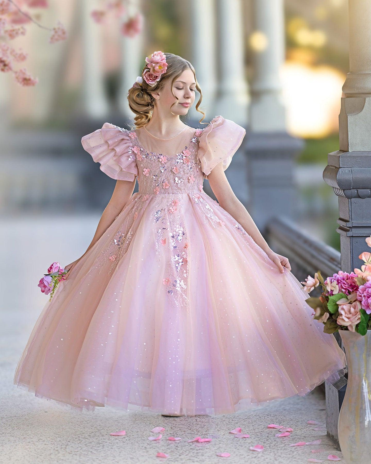 Jill Wish Pink Dubai Girl Dress 3D Flowers Arabic Princess Kids J384