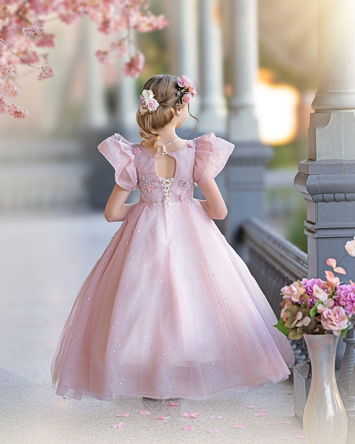 Jill Wish Pink Dubai Girl Dress 3D Flowers Arabic Princess Kids J384