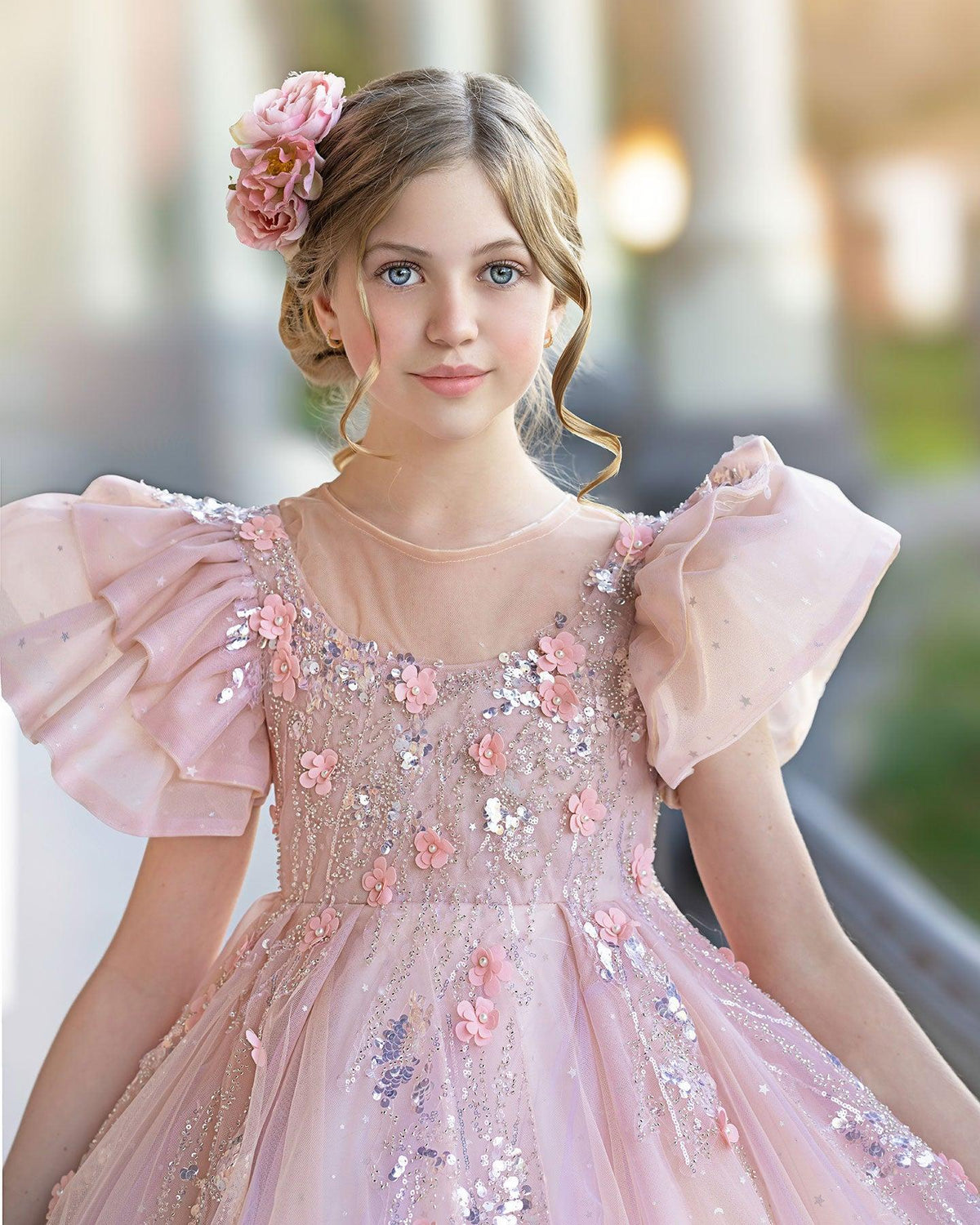 Jill Wish Pink Dubai Girl Dress 3D Flowers Arabic Princess Kids J384