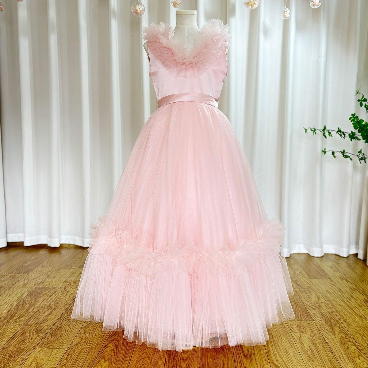 Jill Wish Pink Flower Girl Dress V-Neck Tiered Tulle for Birthday Party J116